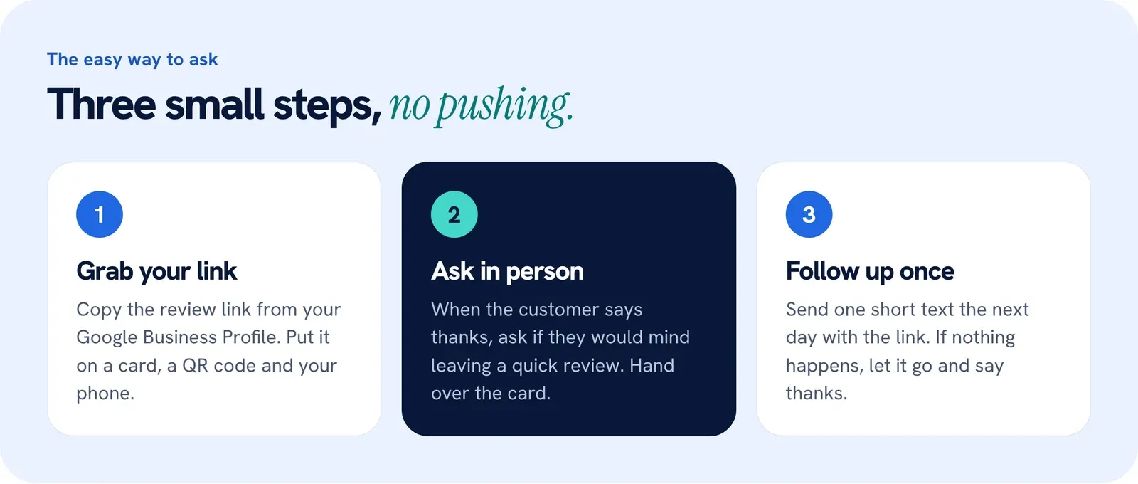 Three steps for asking for reviews: grab your review link, ask in person, follow up once