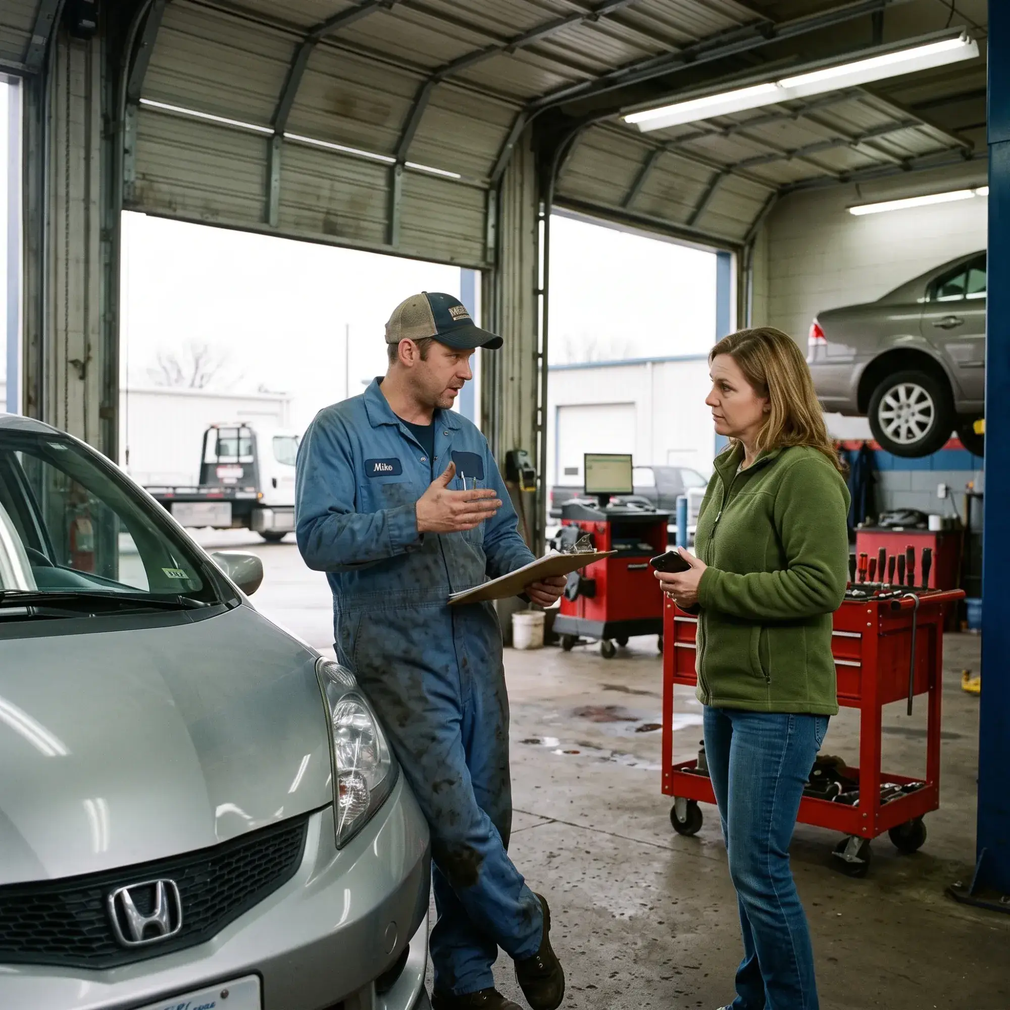 A mechanic in overalls talking with a customer in a garage bay