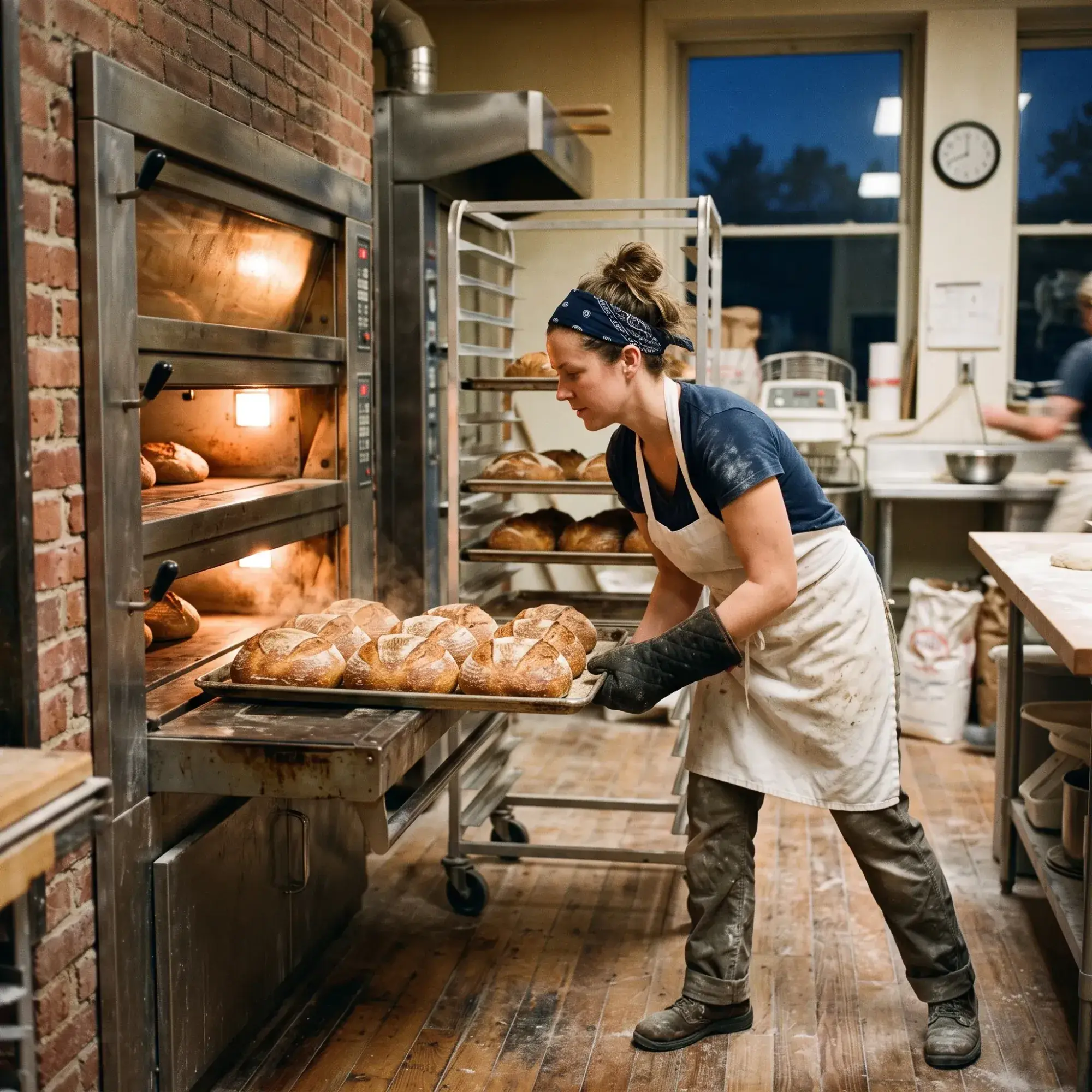 A baker pulling a tray of fresh loaves out of the oven