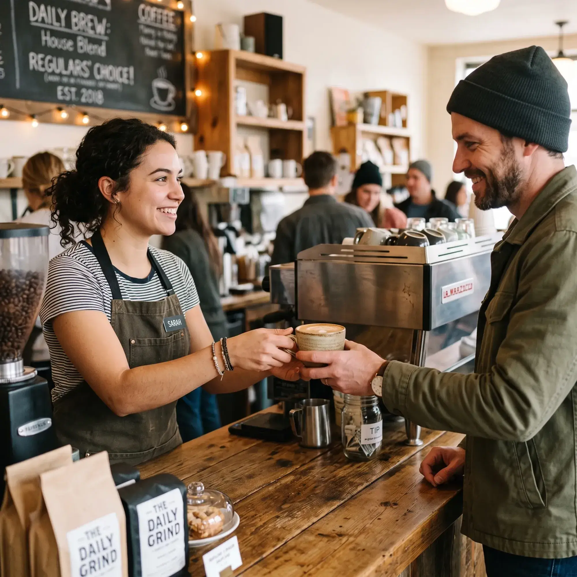 A barista handing a coffee to a smiling customer at a busy counter