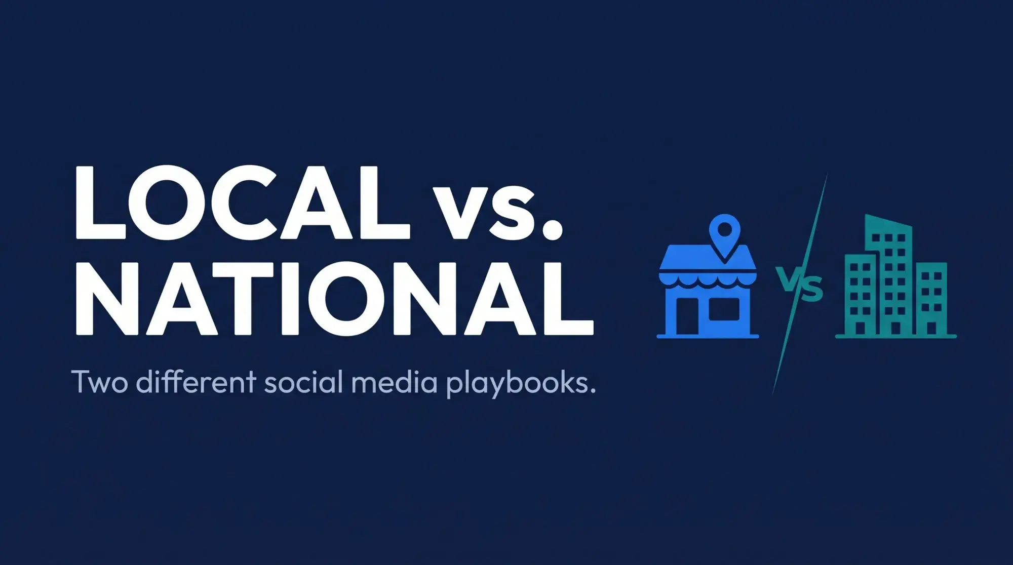 Graphic titled Local vs. National, two different social media playbooks, with a storefront icon and a city skyline icon