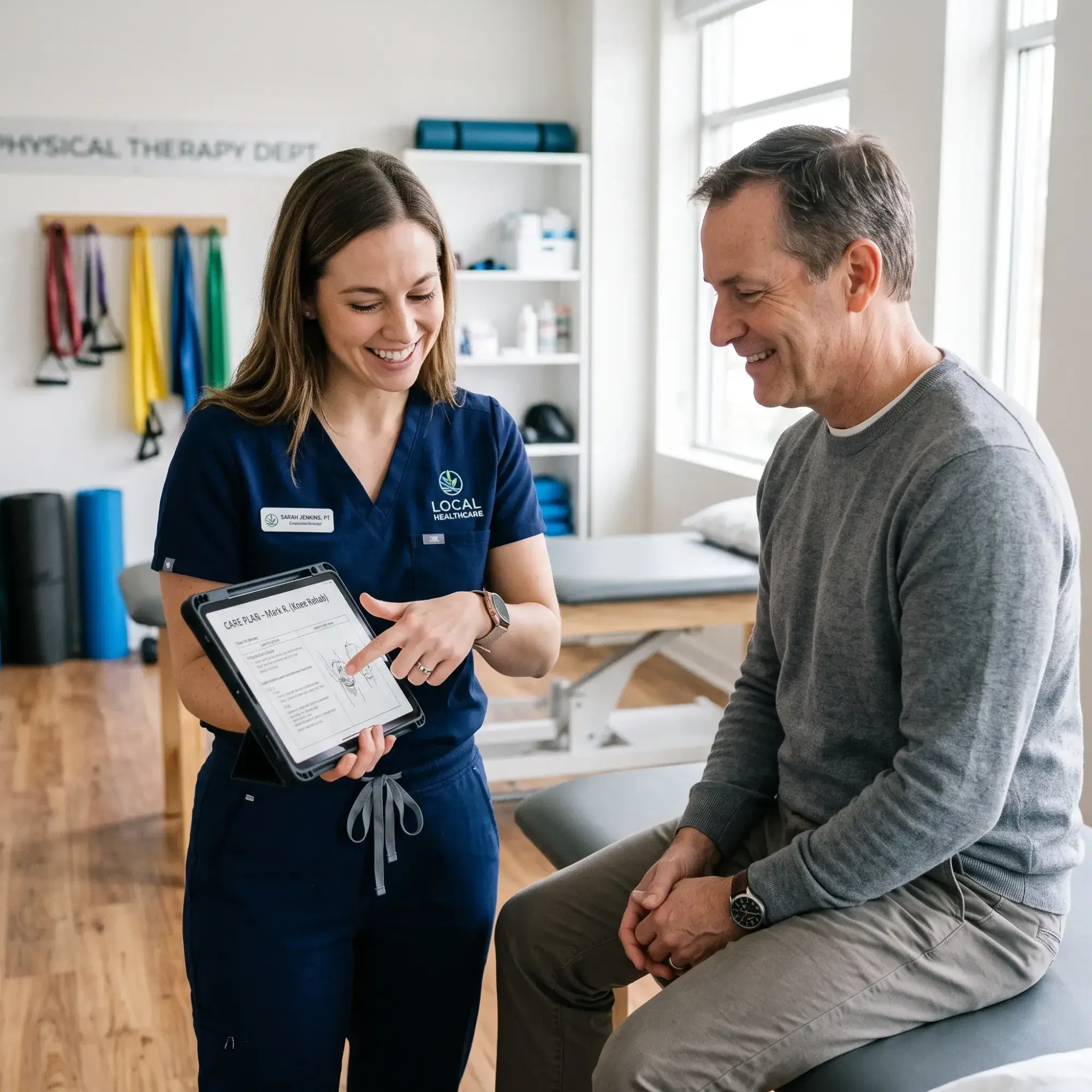 A physiotherapist showing a patient a tablet in a bright treatment room