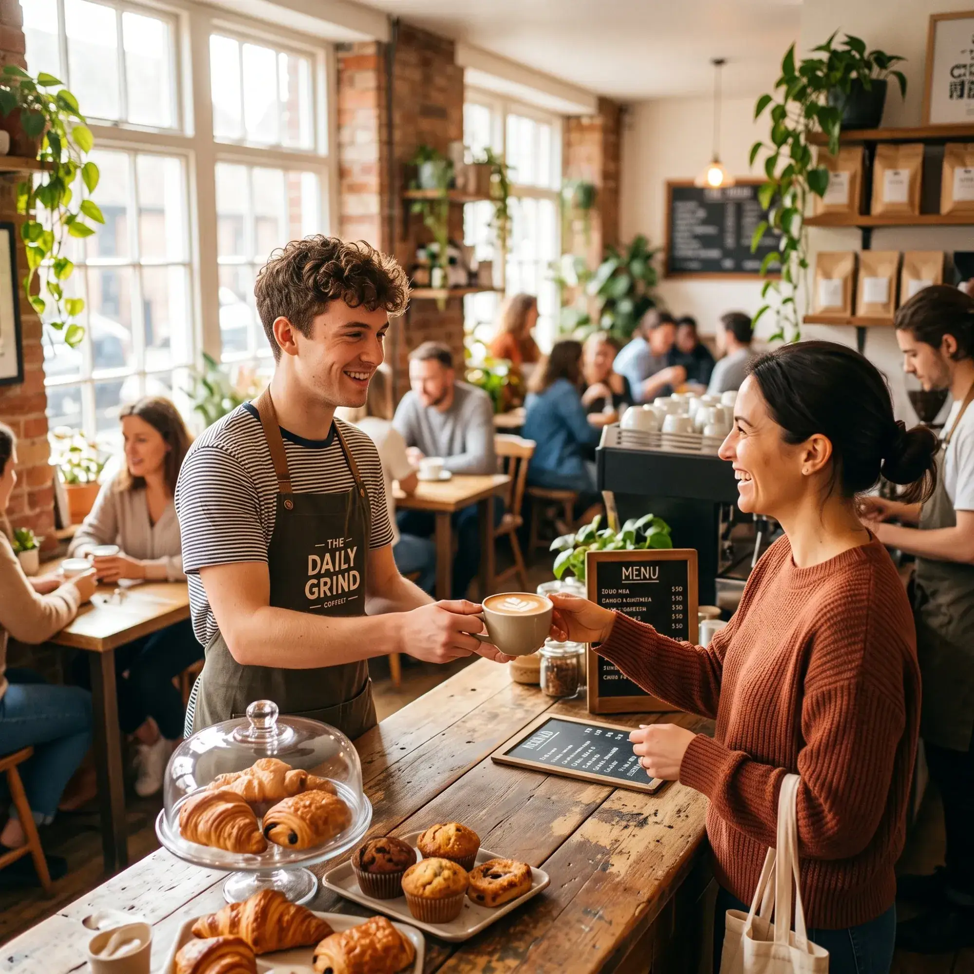 A cafe counter with pastries and a busy dining room
