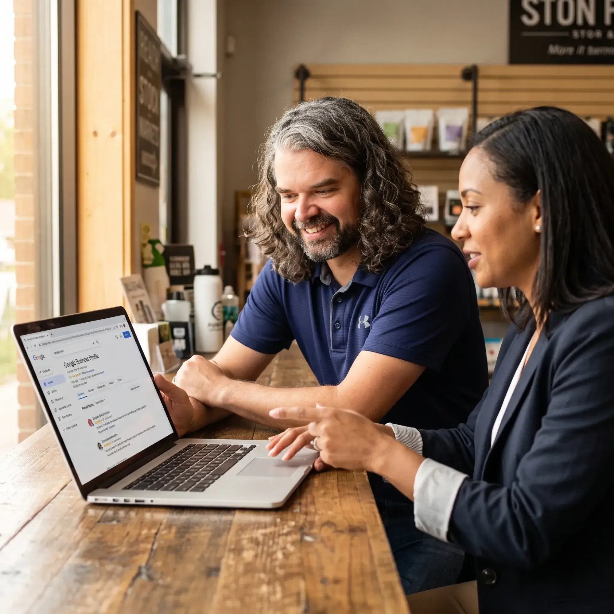 A marketing consultant and a shop owner reviewing a Google Business Profile on a laptop at a wooden counter