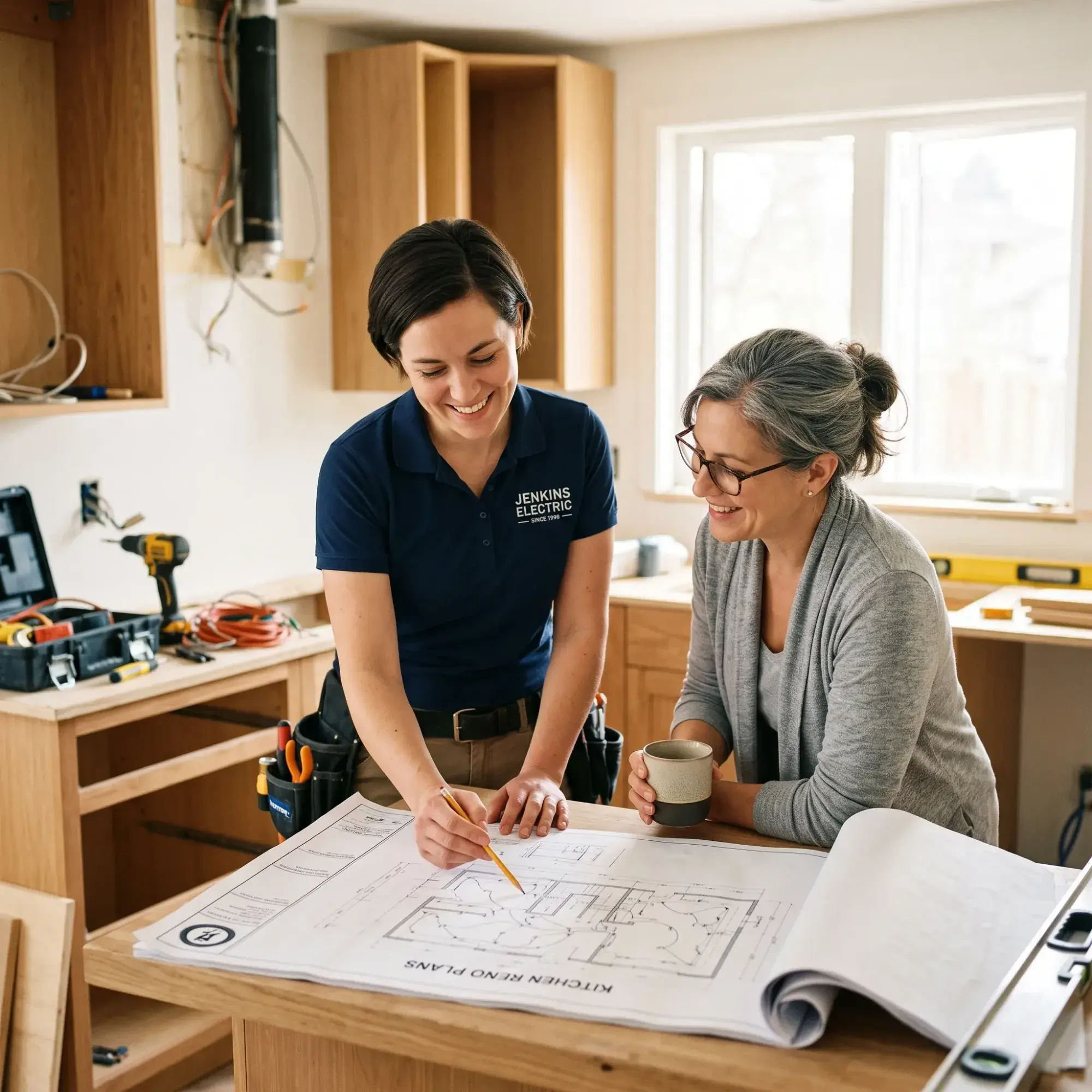 A contractor and a homeowner going over kitchen plans on a workbench