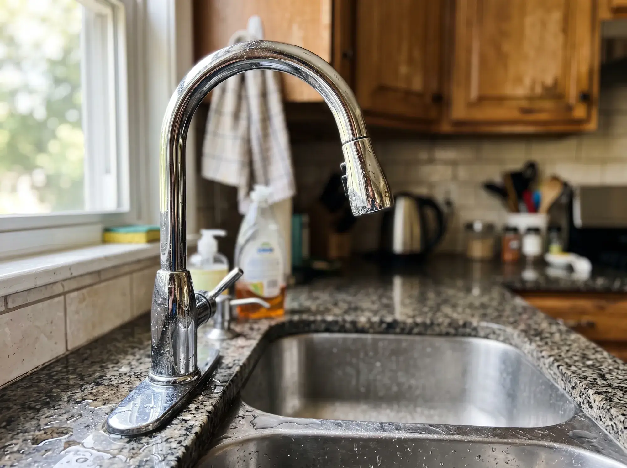 A plumber finishing a faucet repair under a kitchen sink