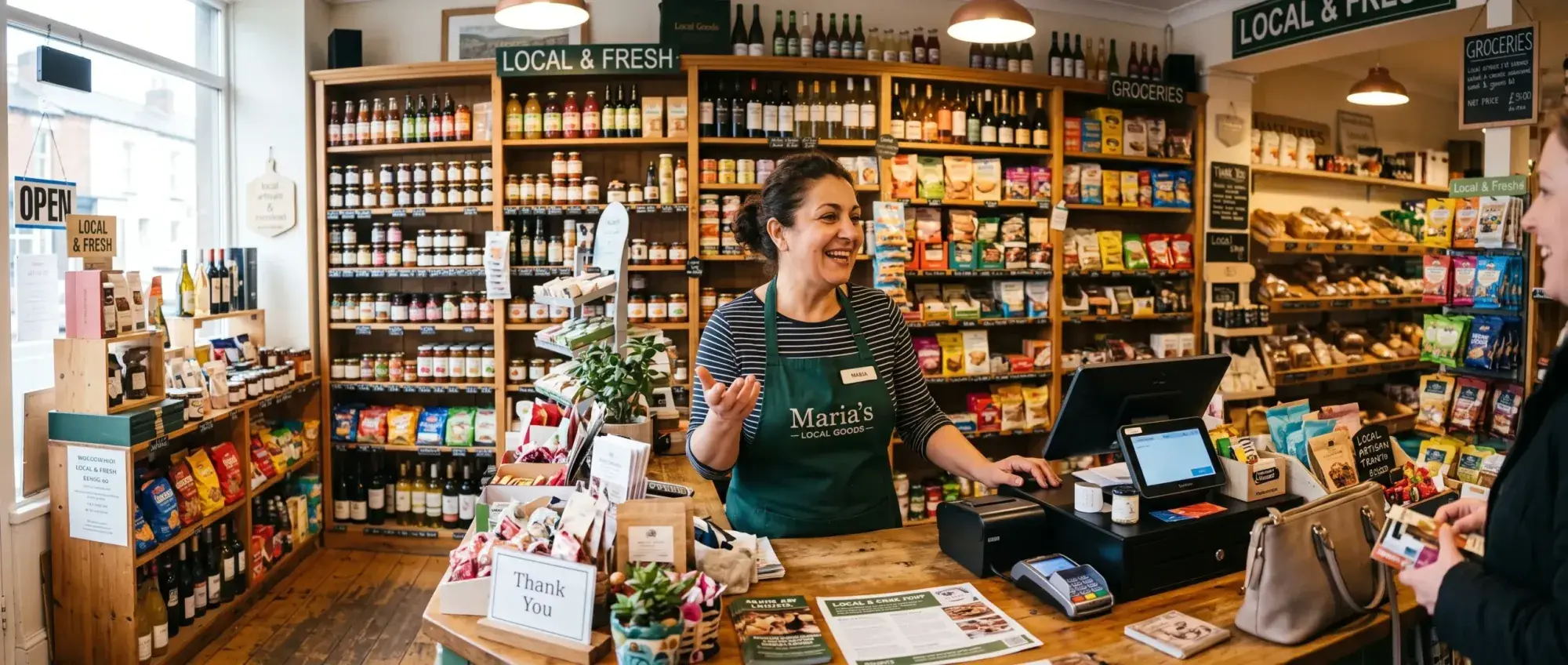 A boutique owner at the counter of her shop