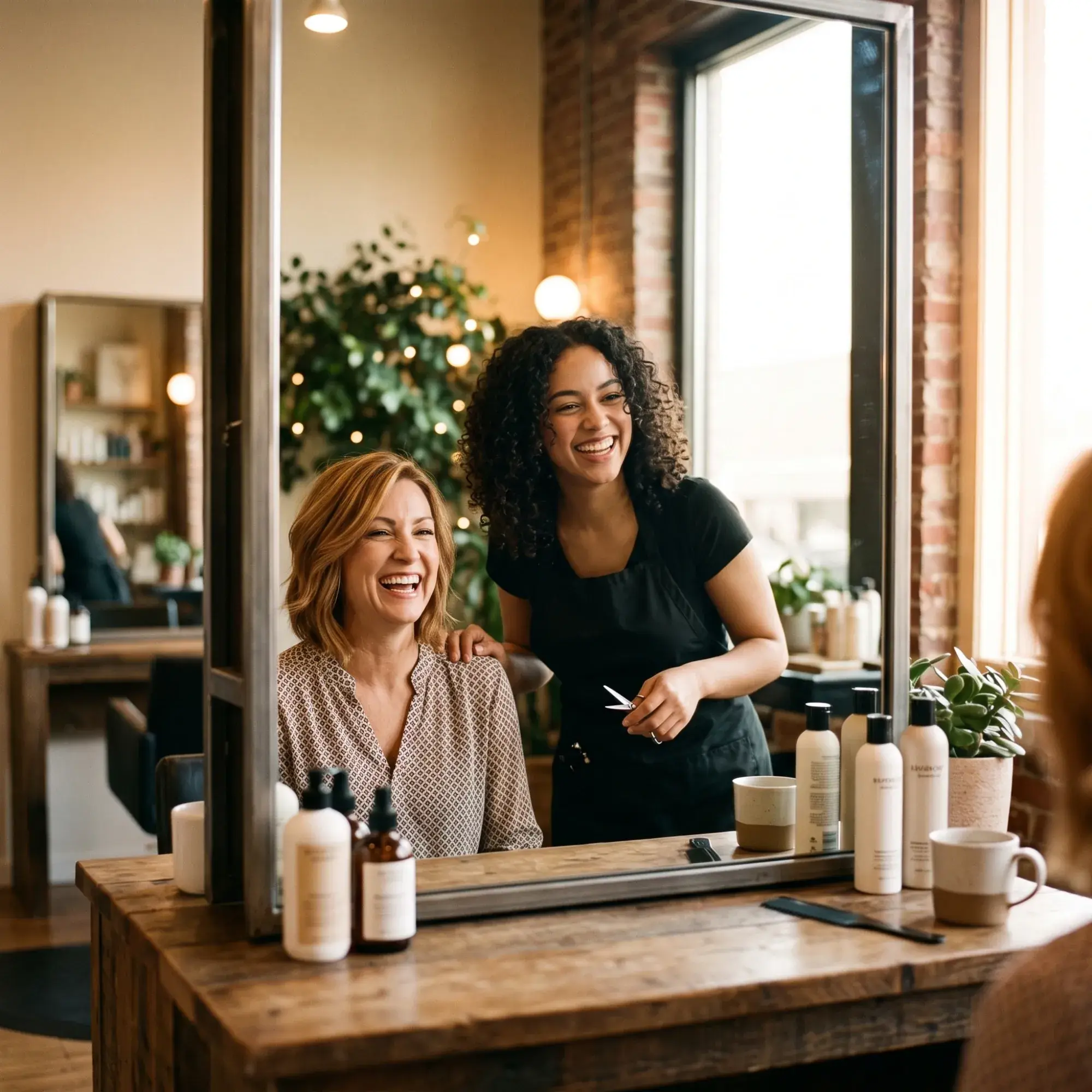 A stylist and a client laughing together at a salon mirror