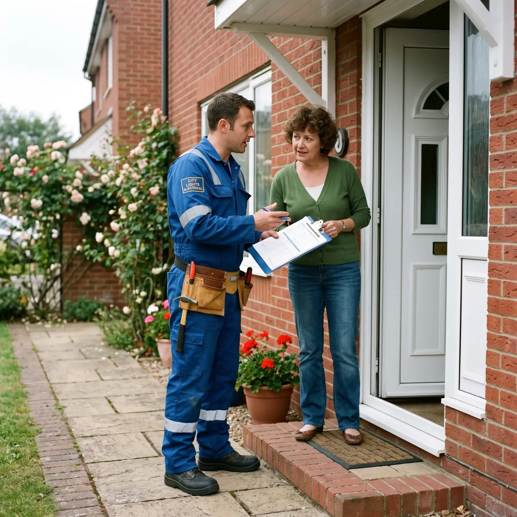 A tradesperson in blue overalls going through a clipboard with a customer at her front door