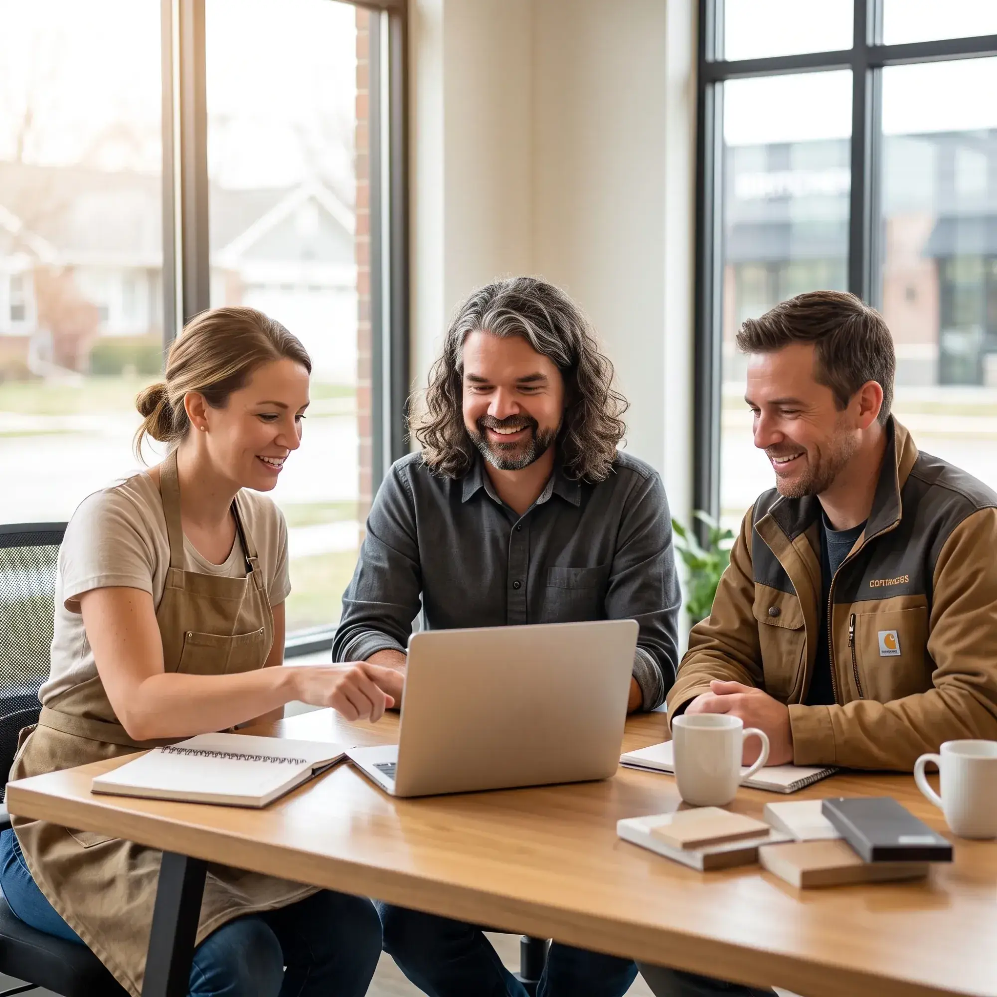 A marketing consultant and two small business owners talking over a laptop at a wooden table